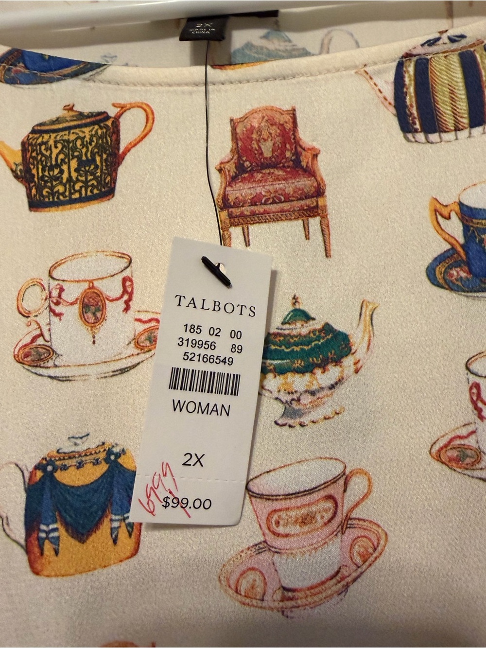 Talbots Cream Print Top with Multicolored Teacups and Chairs - Picture 2 of 5